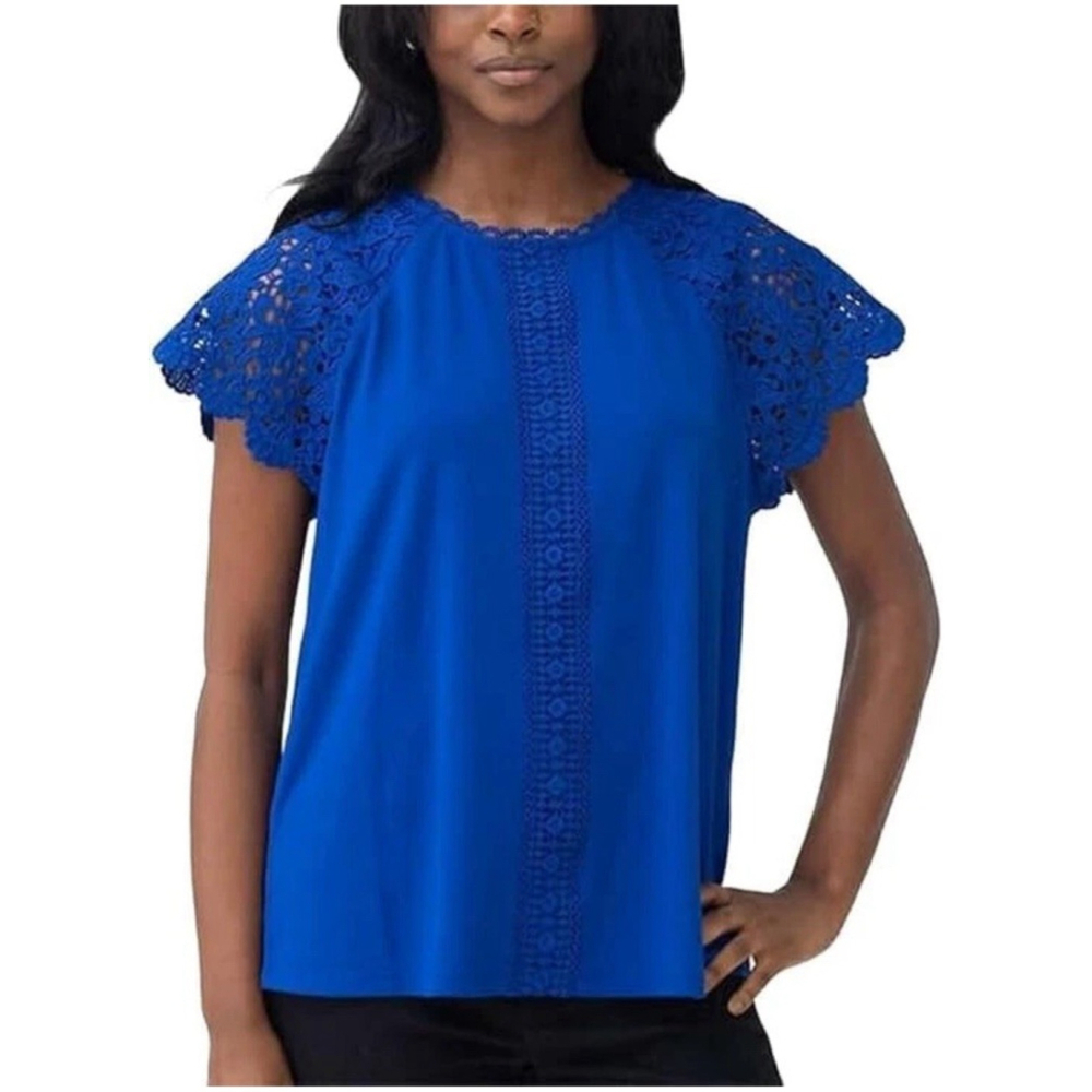 Cable and Gauge Women's Short Sleeve Lacy Keyhole Top Surf the Web Medium